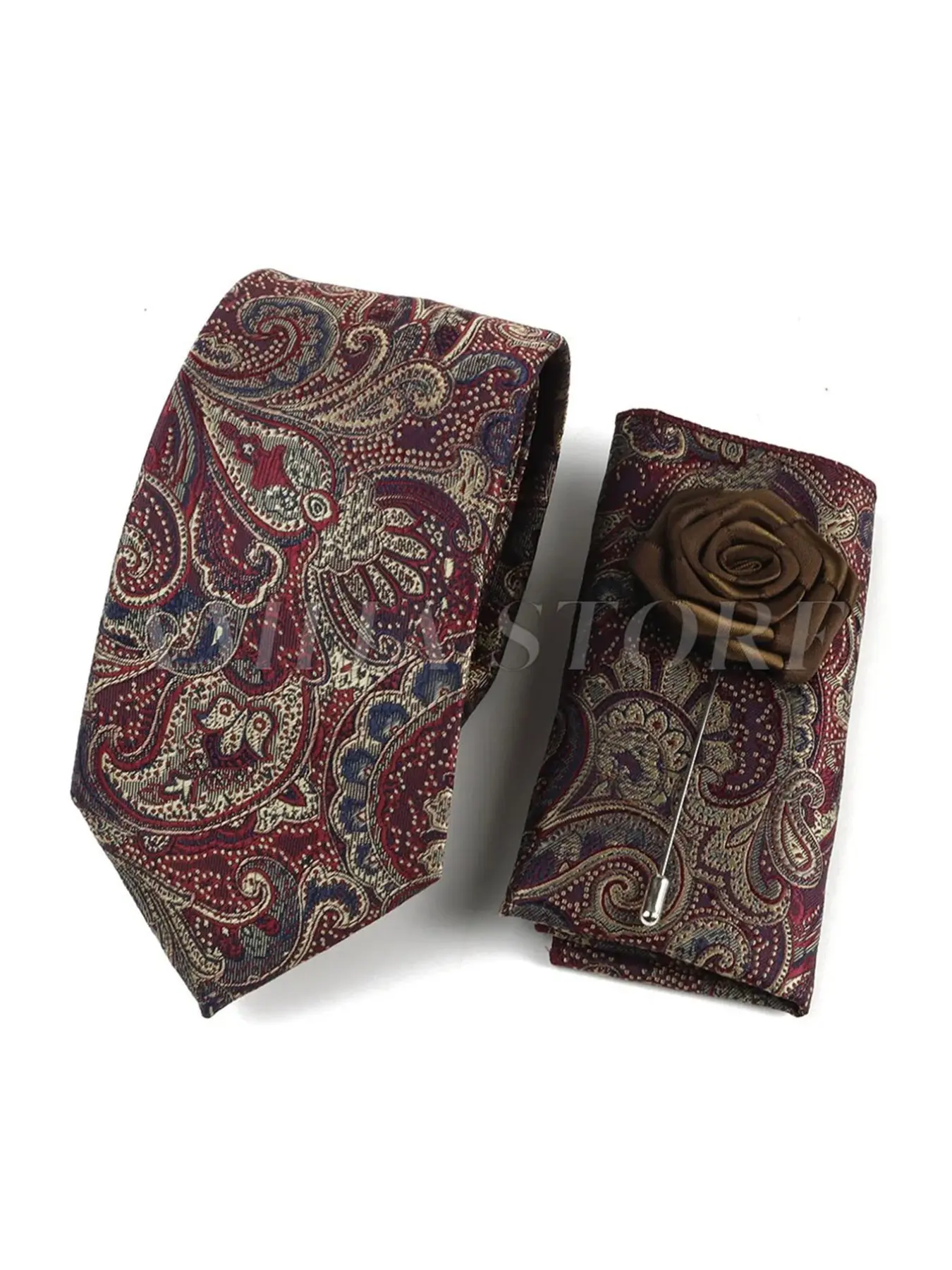 Men's Paisley and Walnut Pattern Tie Set, Handkerchief and Boutonniere, High-Quality Classic Fashion Accessories, Business and Casual Wear, Casual Elegant Tie, Tie Design