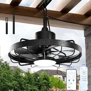 Outdoor ceiling fan with LED lights, 20-inch garden fan, bidirectional rotation function, 6-speed remote control, adjustable brightness, IP65 waterproof cage fan, suitable for gardens, porches, pergolas and sunshades.