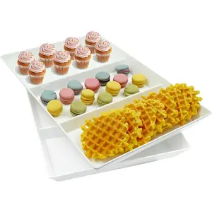 Divided Serving Tray Platter, 2 Pack 15" x 10" Fruit Veggie  Tray for Party, Plastic Serving Trays for Appetizer, Snack, Dessert, Cookie, Brunch Decorations Platters, White Trays