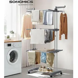 SONGMICS Clothes Drying Rack Stand 4-Tier, Foldable Laundry Drying Rack 68.1-Inch Tall, Steel, Rolling Clothes Horses Dryer Rack, Easy to Assemble, Indoor Outdoor Use