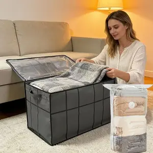 Large Capacity Zippered Storage Box, Foldable Under Bed Organizer, Durable Handle Transparent Window, Clothes Compression Bag for Travel and Home