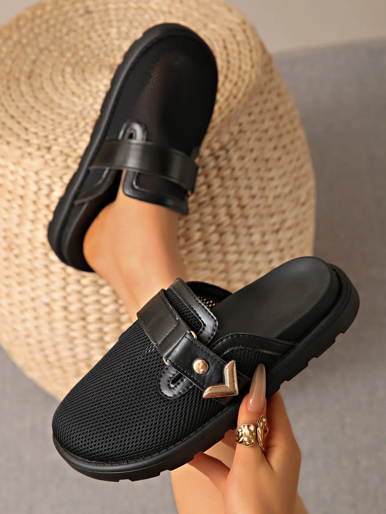 New Thick Sole Mesh Breathable Sandals, Thick Soled Mules, Slip-On Round Toe, Lightweight, Large Size, Metal Buckle Decor, Casual Comfort, Indoor Outdoor, All Seasons