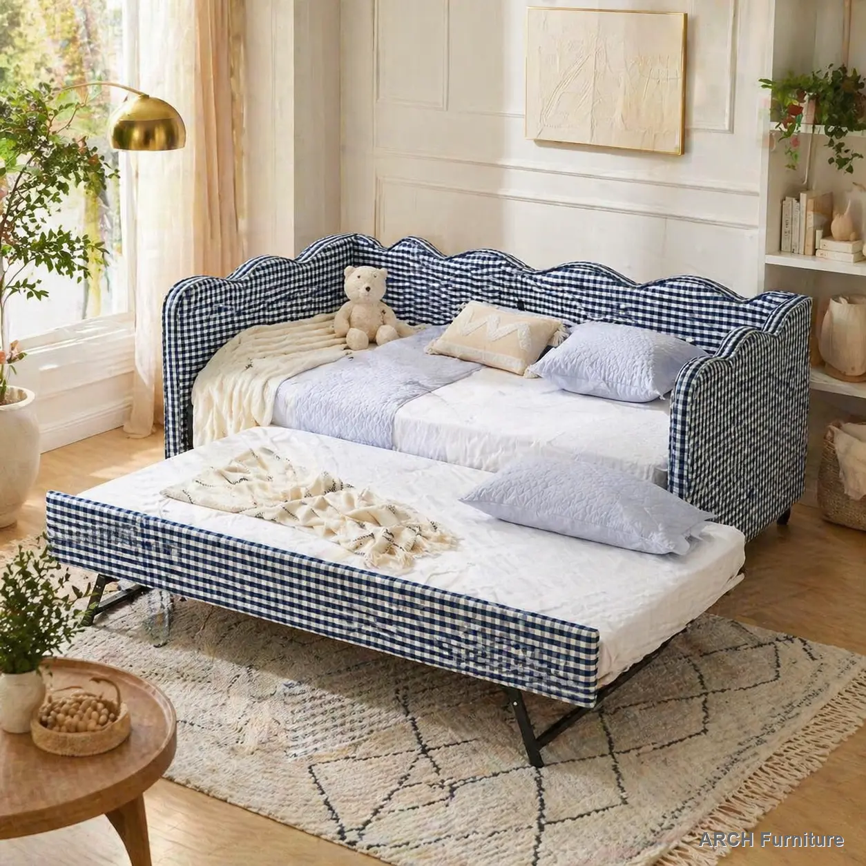 ARCH Navy Gingham Print Linen Twin-Size Day Bed with Pull Out Trundle, 80.5" x 43" x 33.5", USB Port, Space Saving Furniture, Multi-Use Seat, Convertible Sofa Bed, No Box Spring Needed, Assembly Required, Living Room Indoor Furniture, Pull Out Bed