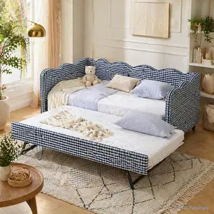 ARCH Navy Gingham Print Linen Fabric Twin-Size Daybed with Trundle, USB Charge Port, and Sofa Bed Functionality, No Box Spring Needed