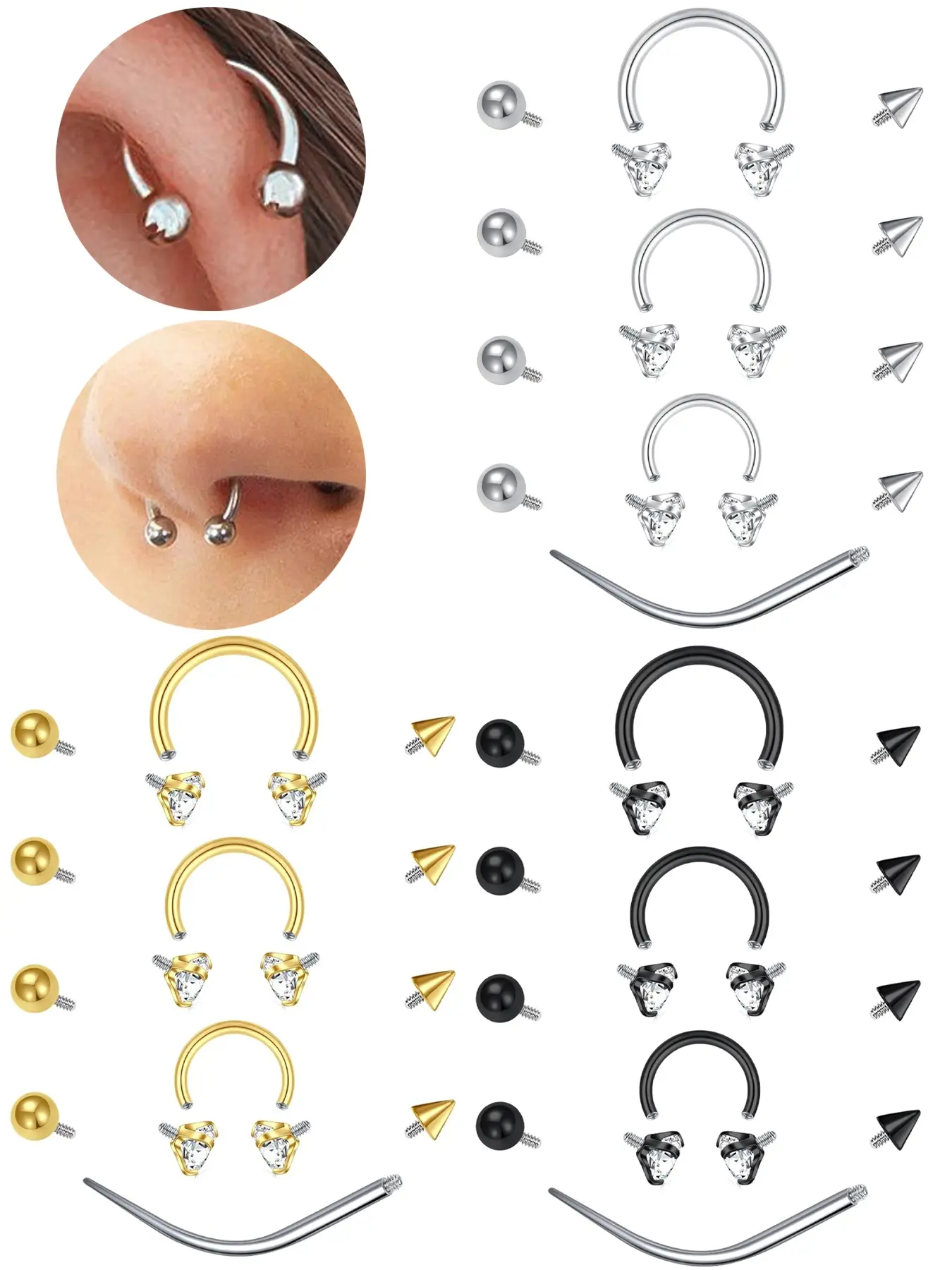 Horseshoe Septum Ring with Replacement Balls Stainless Steel Nose Hoop Nose Rings CZ Earring Eyebrow Lip Tragus Helix Daith Piercing Jewelry Body Piercing Jewelry Fashion Body Jewelry for Women Men 16G