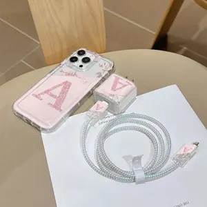 6 Piece Set Transparent Letter a Phone Case, Charger Head Cover, Cable Protector, Storage Rope, Data Line Protection, iPhone 6-17 Pro Max