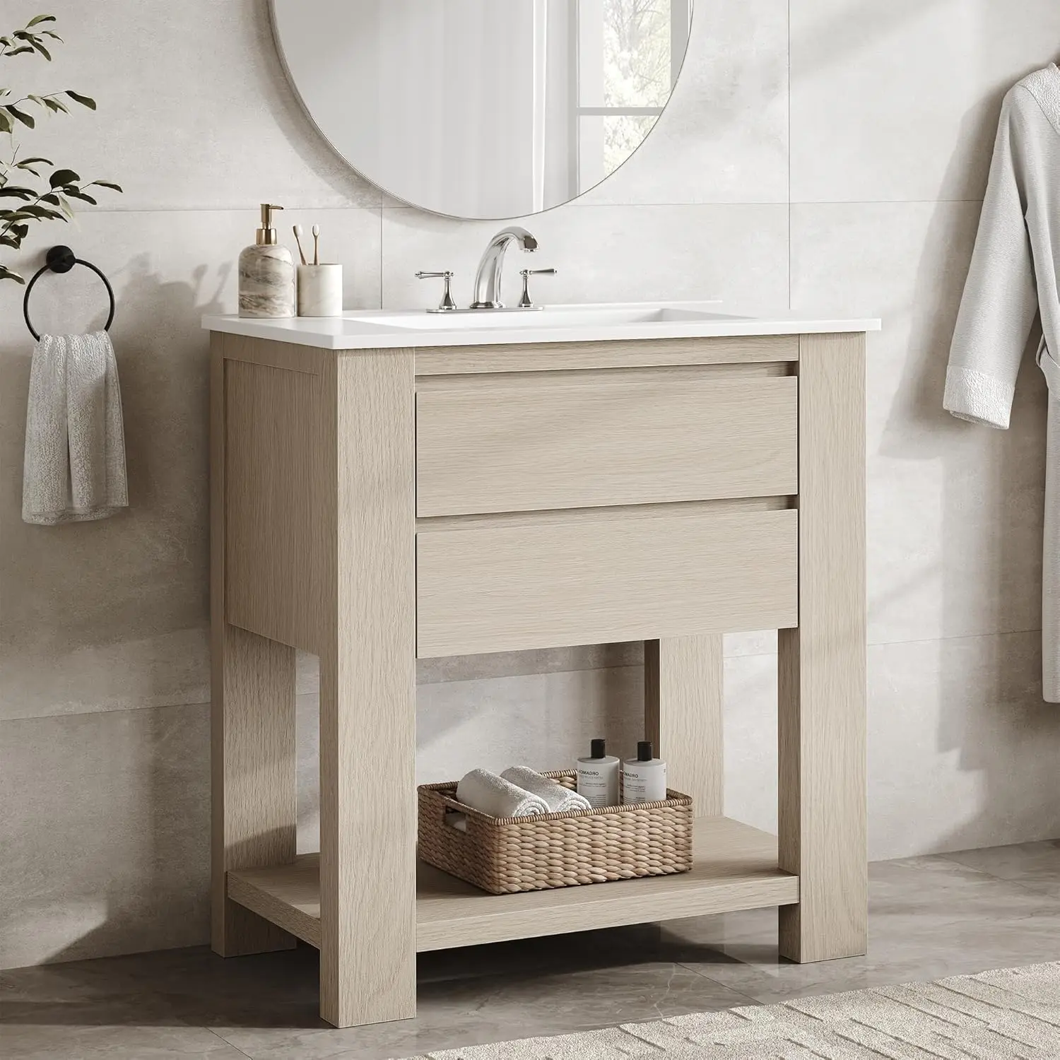 ModernMate 30" Freestanding Light Oak Wood Single Bathroom Vanity with Upgraded SMC Rectangular Basin, 2-Drawer Bathroom Storage Cupboard, Vanity Shelves, Open Access Shelf, Drawer Organization, Space Maximization, Easy Assembly, 58''w x 15.3''d x 27.5''h