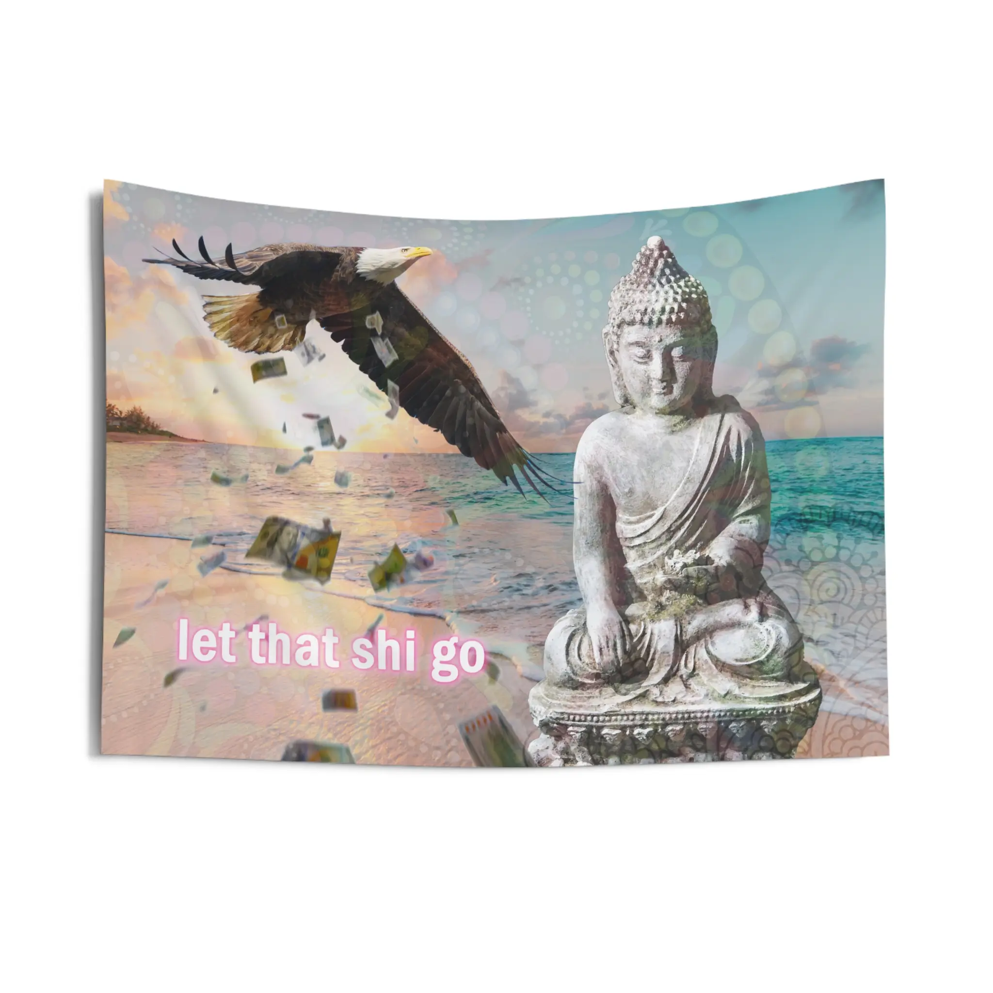 Let That Shi Go Buddha Meditation Meme 26"x36" Wall Tapestry - Funny College Dorm Decor, Room Tapestry, Cool Bedroom Aesthetic, Gen Z Gift