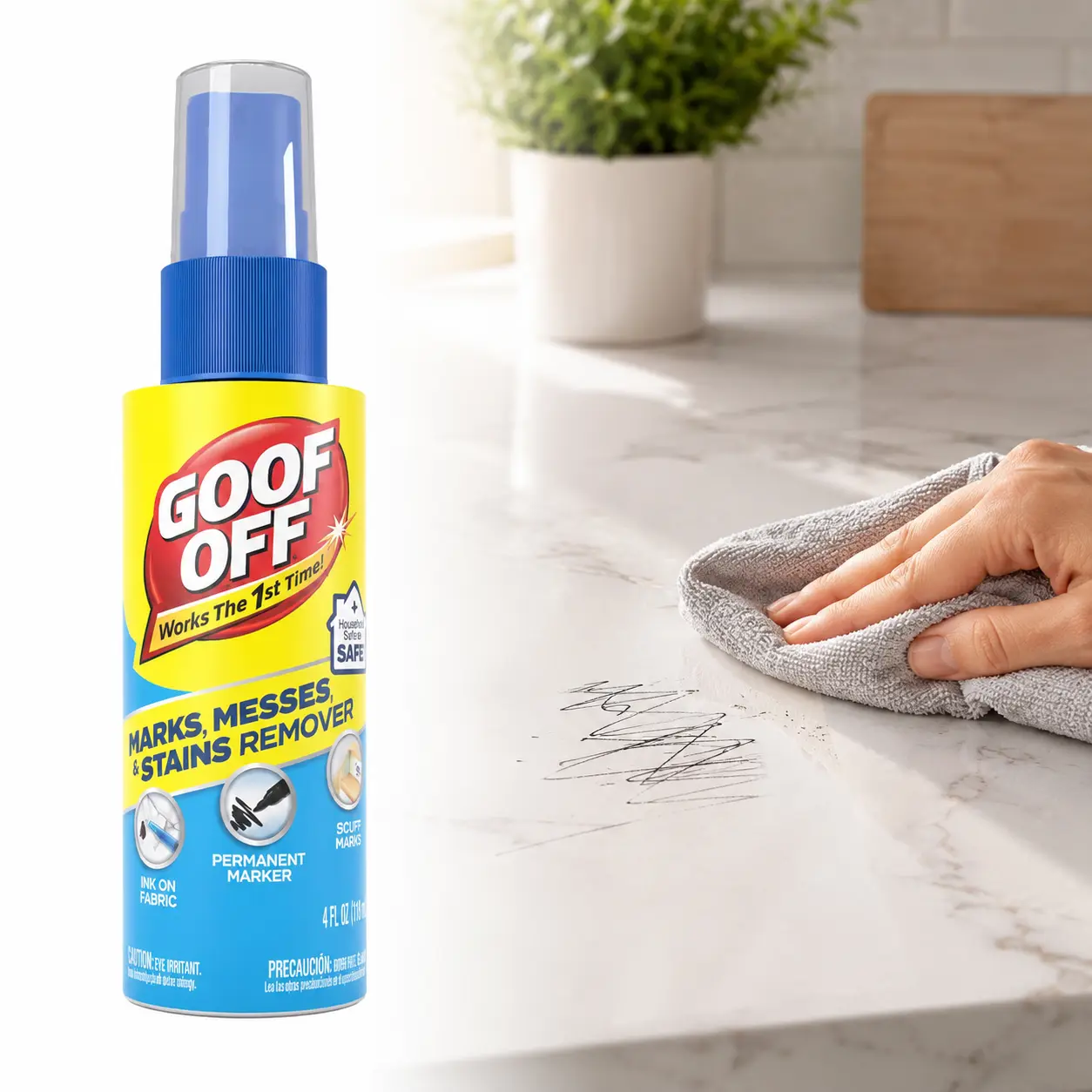 Goof Off 4 fl. oz. Marks, Messes and Stains Remover Spray, Heavy Duty Remover, Stain Remover Spray for Ink, Marker, and Lipstick on Fabric and Plastic, Safe for Clothing, Easy Spray and Wipe Formula for Tough Kids Messes and Scuff Marks