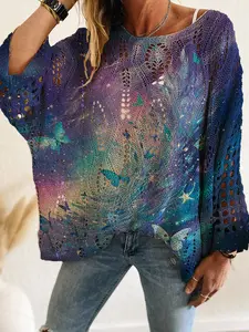 Women's V Neck Long Sleeve Knit Top Butterfly, Casual Loose Fit Design, Perfect for Spring Summer Fall Winter Seasons, Stylish Daily Wear