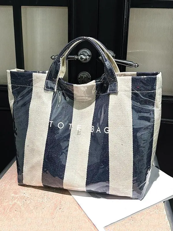Summer beach waterproof tote bag; fashionable large-capacity women’s tote; multifunctional everyday work bag for women; retro letter print large-capacity commuter backpack; striped pattern tote bag; travel weekend bag; suitable for students, teachers, sho