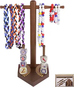 Baseball and Softball Jewelry Organizer - Wooden Display Holder for Championship Rings & Drip Necklaces, All-in-One Sports Ring Holder, Perfect Display Gift for Athletes and Fans(brown)