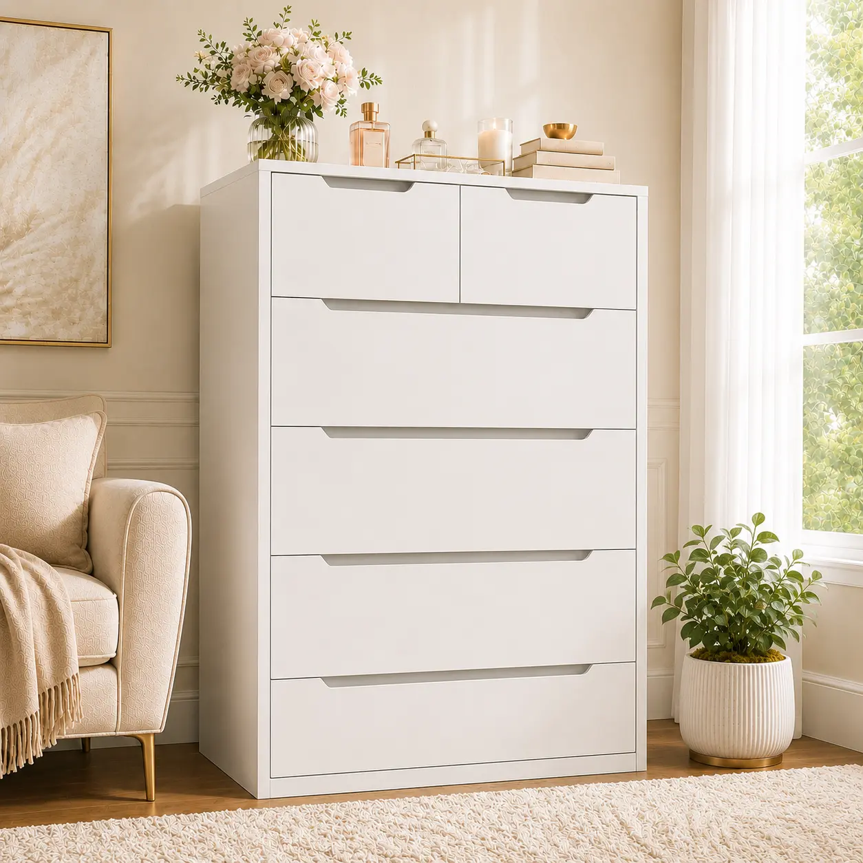 【24H Online Help】Raybeefurniture Modern Wood Dresser with 4/5/6 Large Drawers, Stylish Storage Cabinet & Chests of Drawers with Large Organizer, Tall Dresser with Smooth Metal Rail, Perfect White Storage Organizer & Home Decor for Bedroom, Living Room