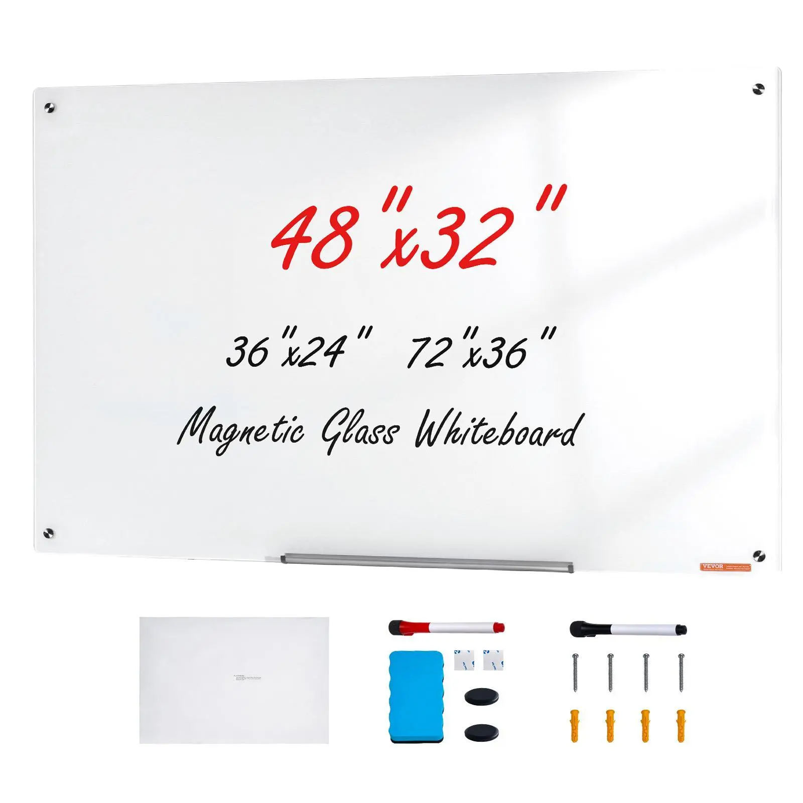 【SummerFinds】VEVOR Magnetic Glass Whiteboard,  , Dry Erase Board 48"x32", Wall-Mounted Large White Glassboard Frameless, with Marker Tray, an Eraser and 2 Markers, White