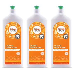 Clean Roots Liquid Dish Soap - Organic Orange - EcoGarantie Certified 100% Organic & Vegan Ingredients - Pack of Three 24.6 fl oz (730 mL) Household Cleaning
