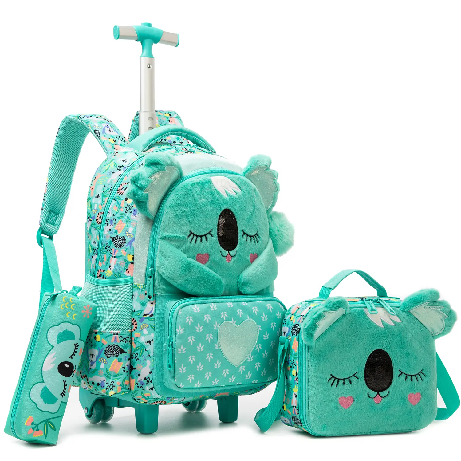 Elementary School Girls' Fluffy Multi-Function Nylon Rolling Backpack - 3D Closed Eyes Mint Koala Australian Animal Print 2-in-1 Set, Adjustable Telescopic Handle, Matching Insulated Lunch Bag, Matching Pencil Case, Pattern Backpack Set for School Use