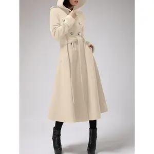 FMEYOA Womens Long Double-Breasted Hooded Coat Winter Warm Wool Trench Coat with Belts N3E233