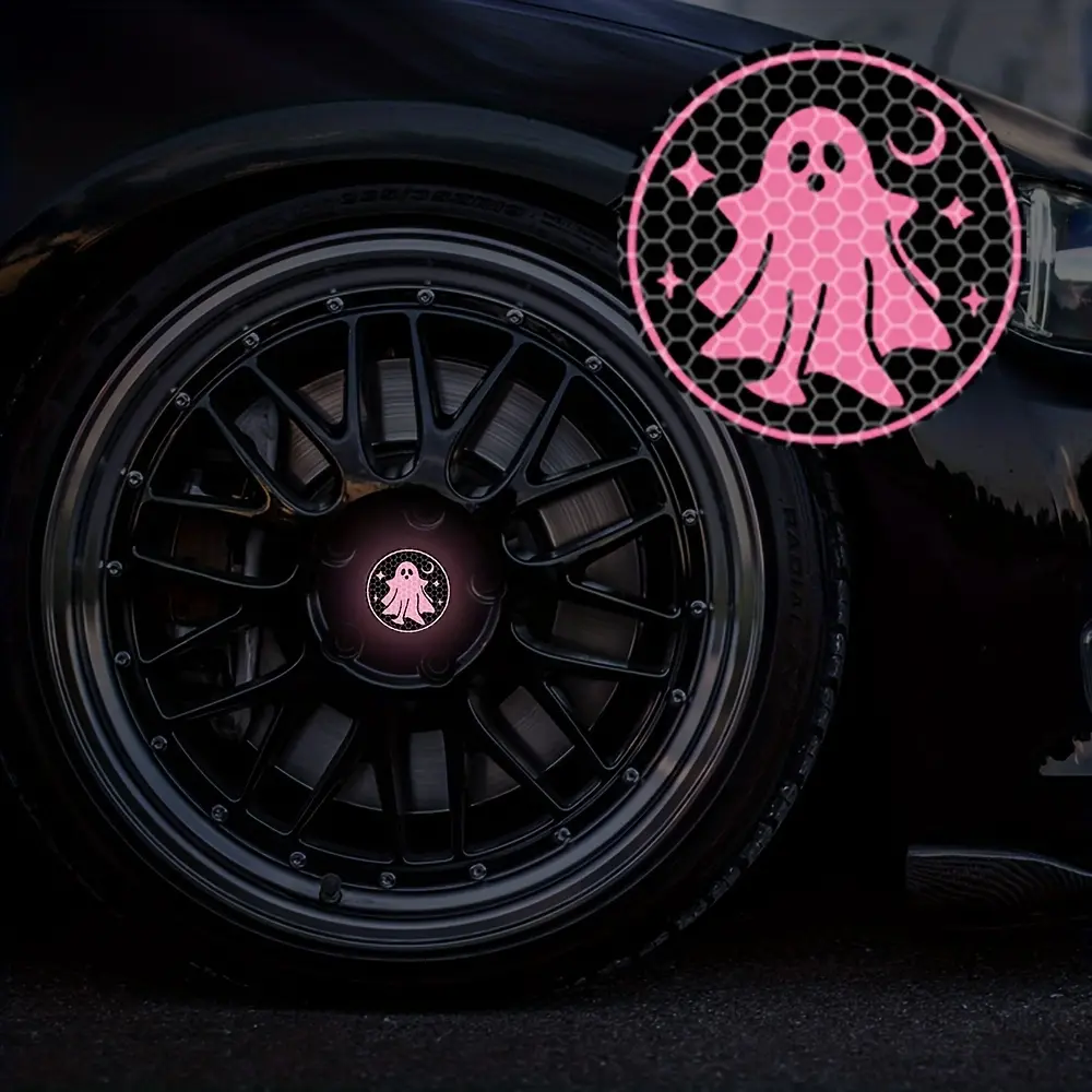 4pcs Cute Ghost Car Wheel Hub Center Stickers, Vinyl Car Wheel Hub Stickers Self Adhesive High Strength Reflective Halloween Stickers, Suitable for Car Wheel Hub Center Decoration