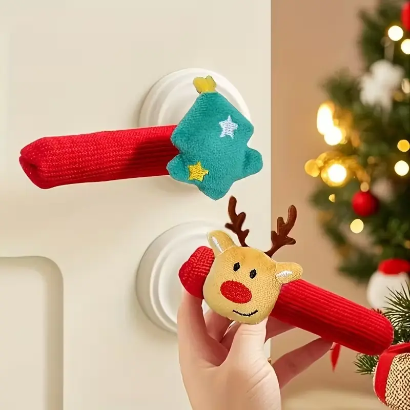 4 Piece Christmas Door Handle Decoration Set with Bells, Detachable Ornaments Santa Reindeer Tree Stocking, Easy Stick Hooks for Indoor Outdoor