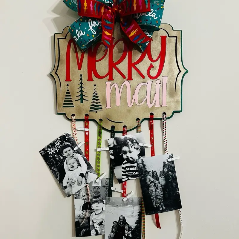 Merry Mail Christmas Card Holder with Festive Bow and Photo Clips for Holiday Greetings and Decor