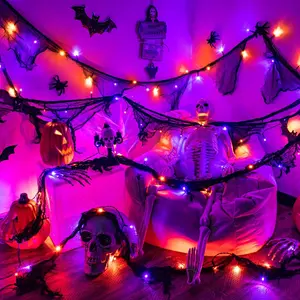 Halloween Lights String Garland Creepy Black Cloth Timer 8 Modes  Operated/USB  Indoor Outdoor 9.9FT 30LED Black Gauze Hanging Halloween Decorations, Orange&Purple
