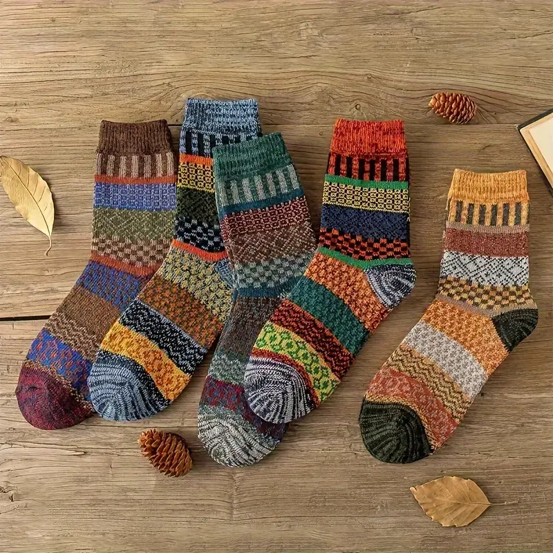 10 Pairs Ethnic Style Woolen Loop Socks - Unisex Mid-Tube Thick Warm Design, Artistic Patterns Perfect for Autumn and Winter Seasons