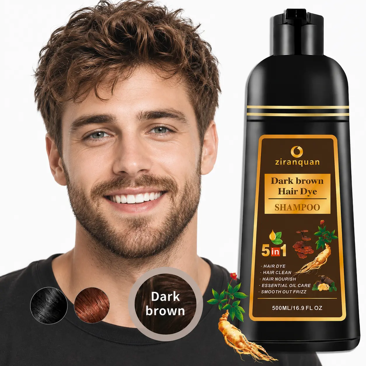 Easy At-Home Salon Dark Brown Hair Dye Shampoo for Women & Men, 100% Gray Coverage Color Depositing Shampoo, Ammonia-Free & Sulfate-Free Vegan Hair Color, 5-in-1 Nourishing Gentle Formula with Ginseng, Long Lasting Shine & Strength, 500ml