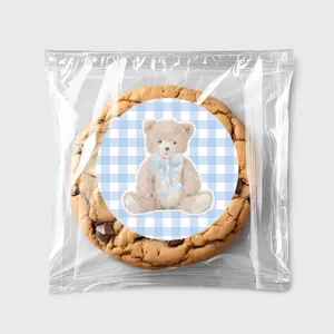 Blue Gingham Bear Party Favor Labels Neutral Boy First Birthday Baby Shower Stickers Decorations Matte or Glossy Finish
