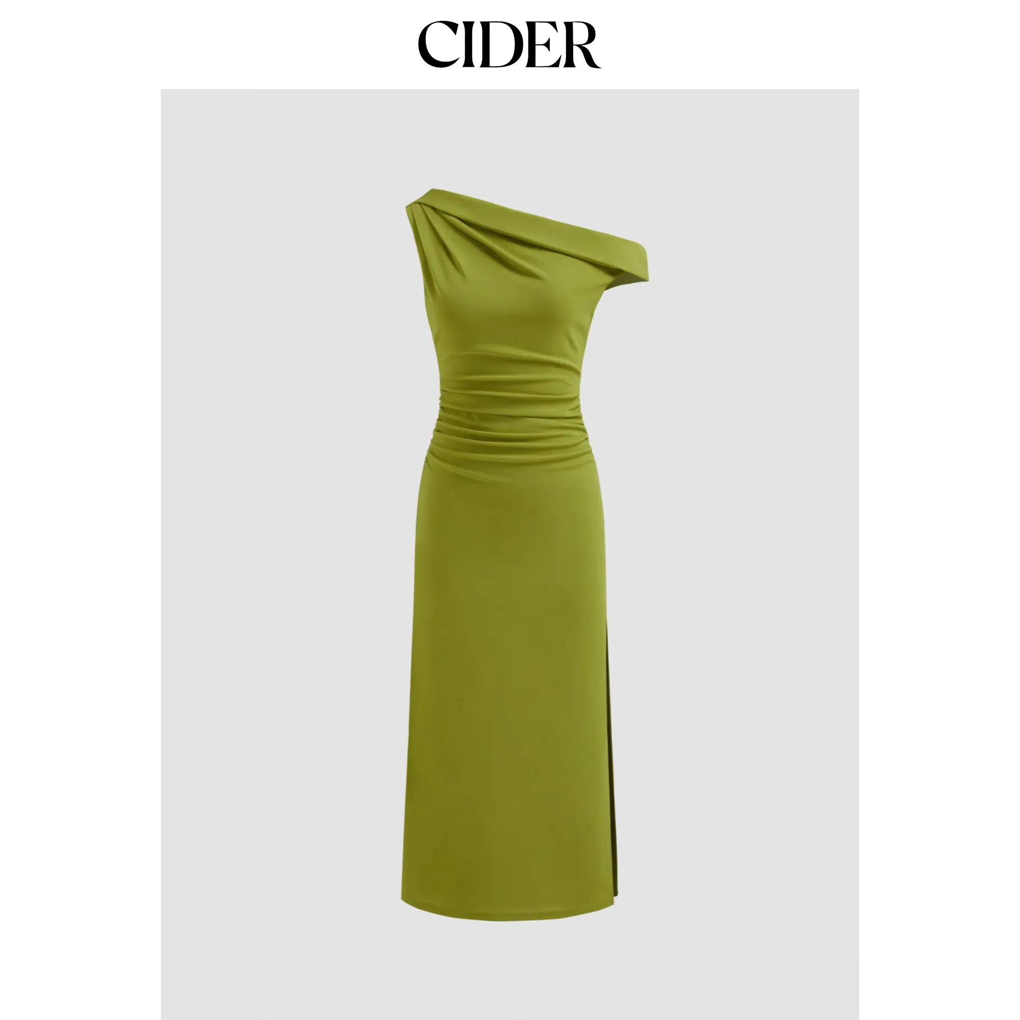 Cider Asymmetrical Neck Ruched Split Maxi Dress