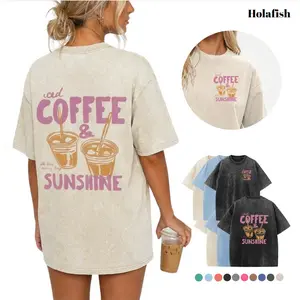 Holafish Oversized "Iced Coffee & Sunshine" Pattern Acid Wash Vintage T-Shirt, Coffee Lover Casual Graphic Tee, Heavyweight Cotton Streetwear Vintage Tees Unisex Crewneck Tshirt summervibes