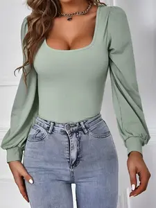 Women's Plain Puff Sleeve Square Neck Ribbed Fit Tee, Casual Long Sleeve T-shirt for Fall & Winter, Women's Clothing for Daily Wear, Top, Womenswear