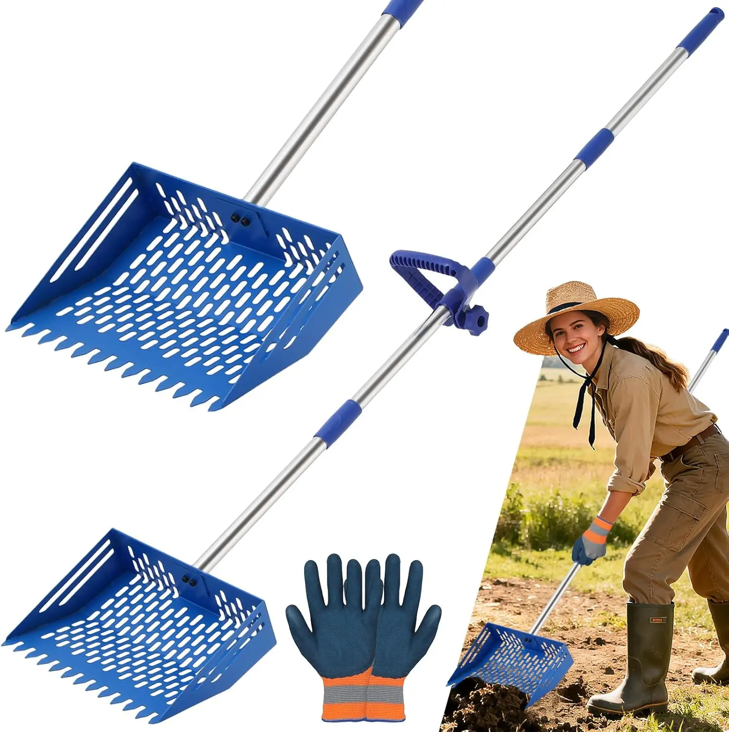 2-in-1 Chicken Litter Scoop & Rake, 10 Inch Scoop Head, Adjustable Length Stainless Steel Handle (51.5in-65.7in Original Range 37.79in-65in), Pet Farm Animal Waste Cleaning Set with Blue Gloves,back to school,back to school haul