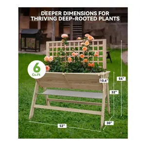 【Christmas Gift】Camel- 4.3x2.5x4.5ft,Raised Garden Bed With Trellis, Wooden Raised Planter Box Outdoor For Growing Vegetables And Herbs, Depth 10.6 In, Planter Raised Beds-Natural