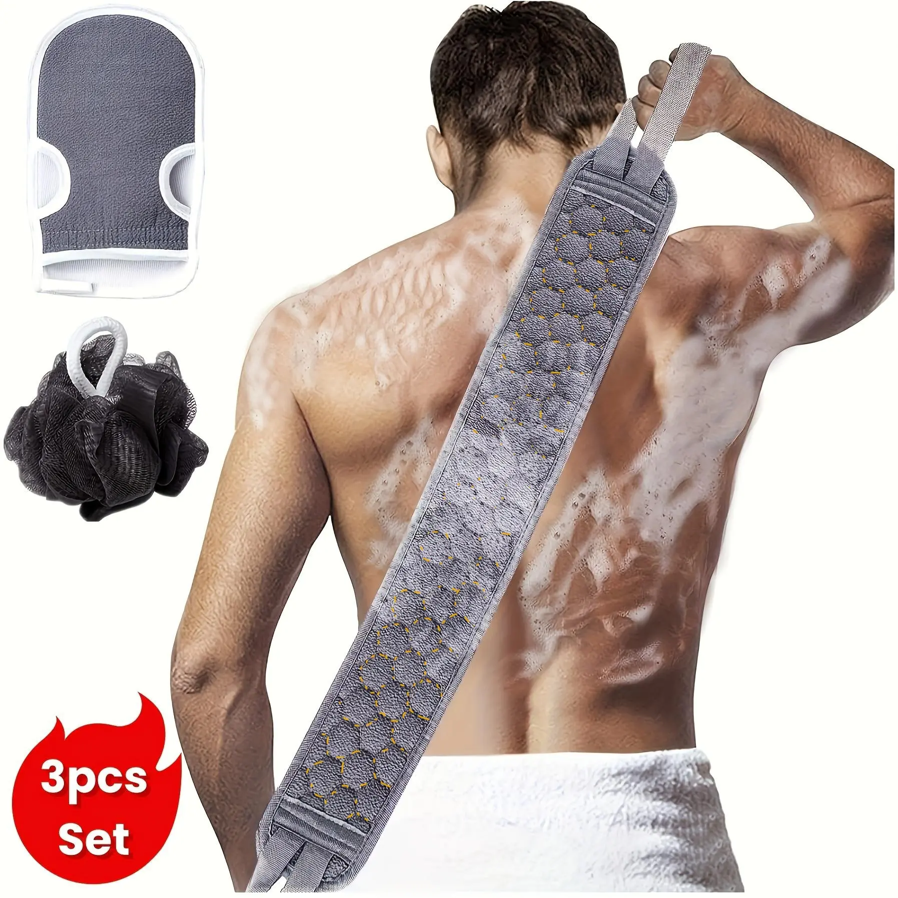 3pcs/1 set  Back Exfoliating Set, Bath Exfoliating Bundle, Exfoliating Bath Tool, Bath Glove & Loofah Sponge, Exfoliating Washcloth Towel, Back Scrubber for Shower, Spa, Massage & Body Care