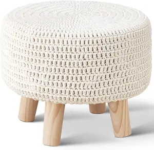 Pouf Ottoman, 100% Cotton Knitted Boho Footstool, Round Footrest with Non-Skid Wood Legs, Home Décor Handmade Pouffe, Leisure Floor Step Stool for Living room
