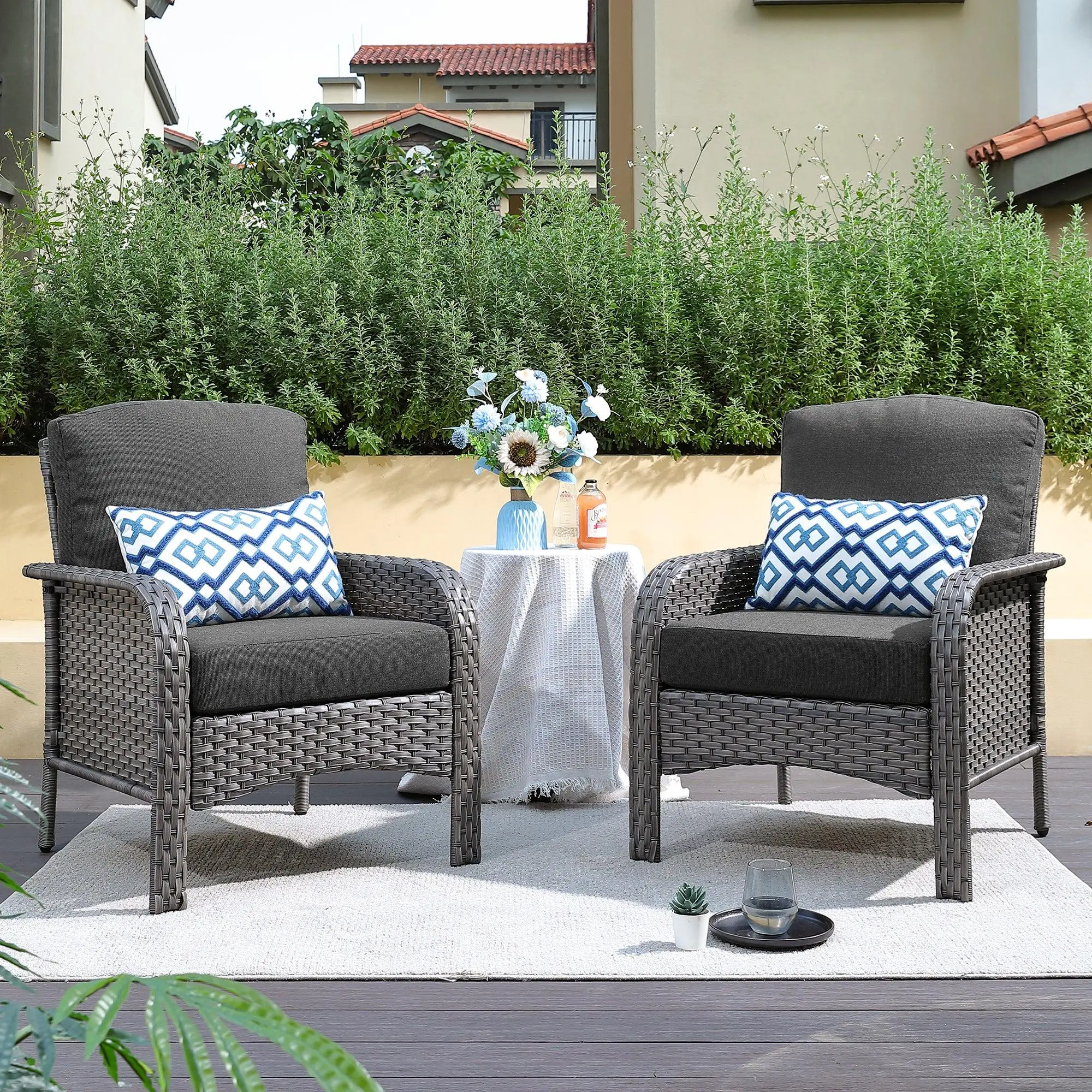 【Summerfinds】Ovios 2-Piece Outdoor Patio Chairs Set with High-Back Cushions, All-Weather Wicker Rattan Seating for Backyard, Garden, Patio, Porch, Deck, Balcony & Poolside