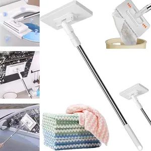 2026 Upgraded Snap Grip Mini Mop - Lightweight Stainless Steel 100cm Adjustable Foldable Long Handle, No-Touch Cloth Changing, Absorbent Disposable Pad, Portable Handheld for Kitchen Counter (1 Mop + 5 Cloths) Home Cleaning Tool