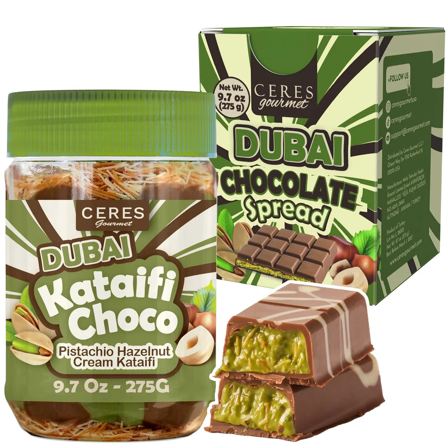 Dubai Pistachio Chocolate Spread with Roasted Kataifi Crunch, Creamy Gourmet Chocolate Spread for Toast, Pancakes, Waffles, Baking & Desserts, 9.7 Oz