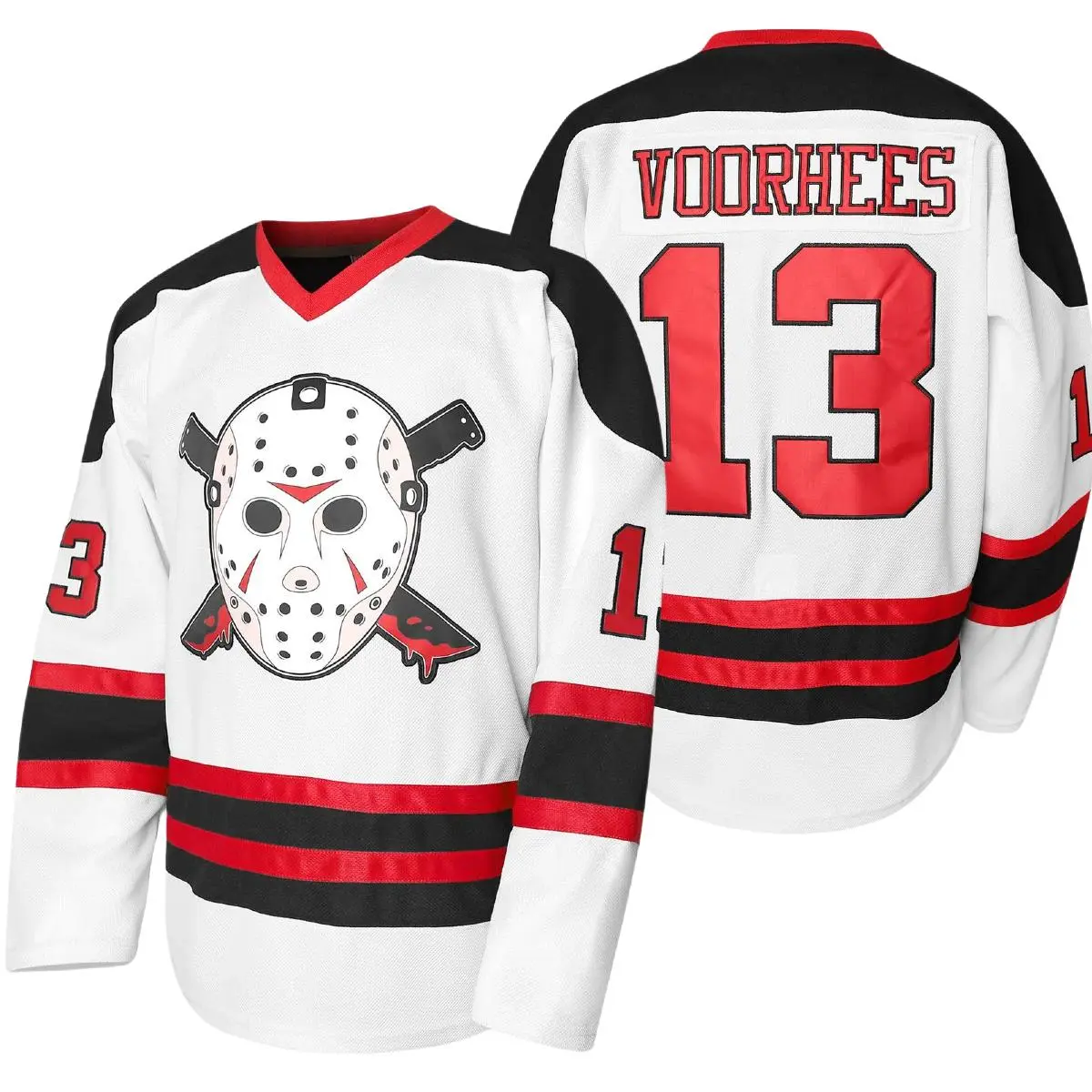 Drake Voorhees #13 Friday Movie Ice Hockey Jersey Halloween Stitched Knit Embroidery Gift for Sports Teams School Uniforms & Hockey Leagues Fitness Christmas gifts UglySweater