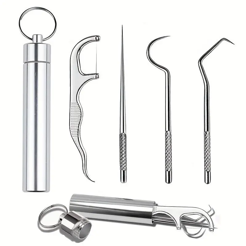 Portable Dental Floss and Picks Set, 4 Count Stainless Steel Dental Floss Tools, Multifunctional Oral Care Products for Home and Travel, Dental Cleaning Kit