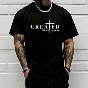 Men’s “Created with a Purpose” Christian graphic T-shirt, cross faith quote print tee, casual crew neck, perfect for church outfits, faith wear, and streetwear.