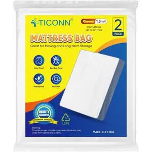 2PK Plastic Mattress Bag for Moving Storage, Waterproof Mattress Protector Cover, Heavy-Duty Mattress Moving Supplies (1.5 mil, Queen)