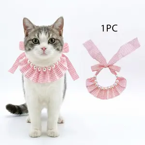 Plaid Pet Scarf with Pearl Necklace, Adjustable Free-Style Collar, Polyester Fabric, Suitable for Small Dogs & Cats