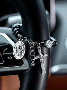 Saint Christopher Wooden Rosary Car Pendant, Cross Rearview Mirror Charm, Catholic Blessing Steering Wheel Chain, Religious Accessories