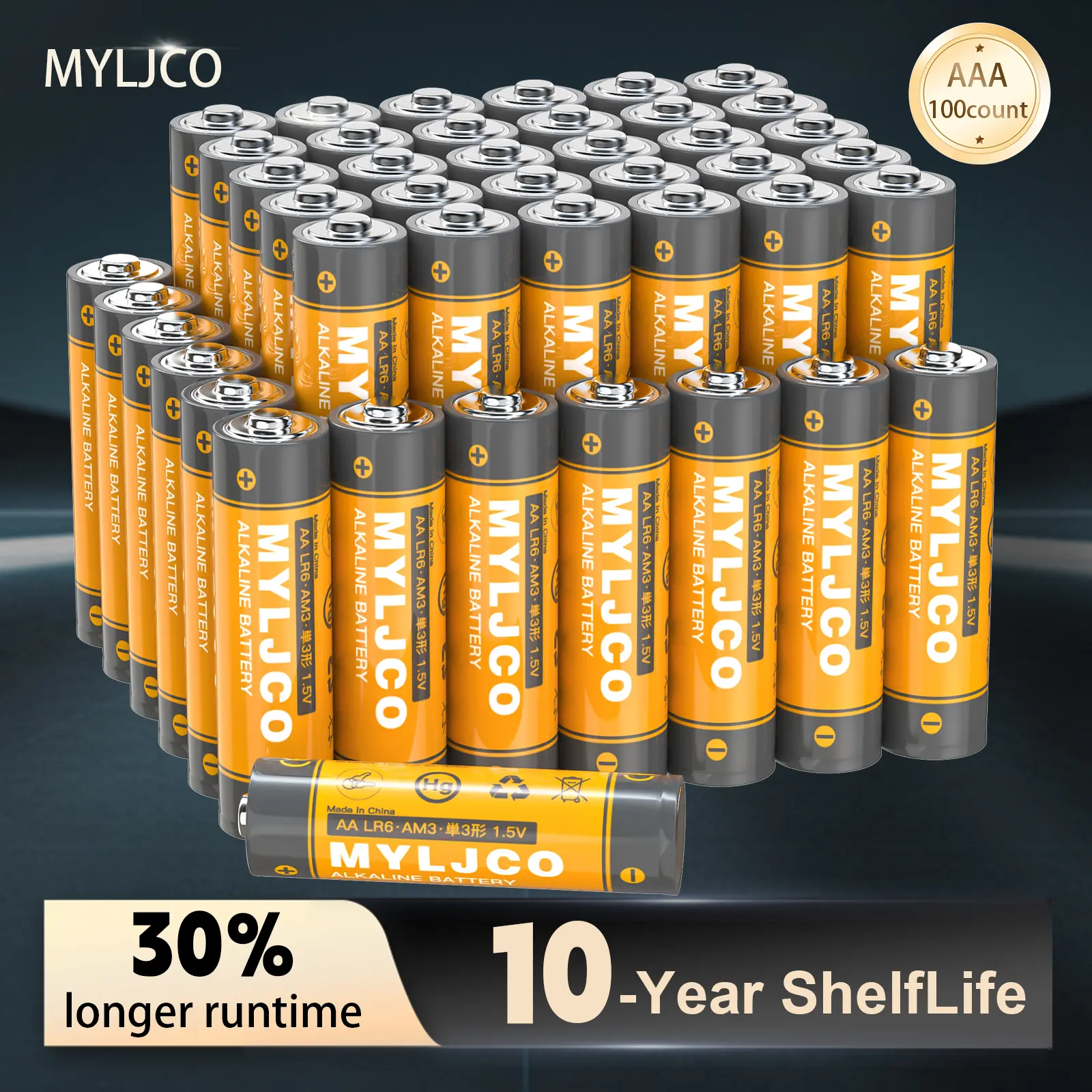 MYLJCO Double AA/AAA Alkaline Multiple Packs Batteries - 200/100/48/36/20/12/8 Count, 1.5V High-Performance Single Use, 10 Years Shelf Life for Kids’ Toys, Home Office Remotes
