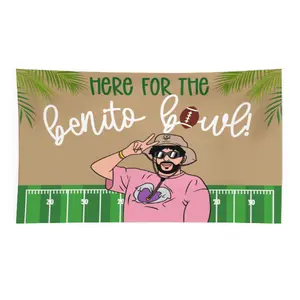 Wall Tapestry Beige And Green With Football Field Design And Text Here For The Benito Bowl Featuring Cartoon Character In Pink Shirt And Hat Suitable For Bedroom Or Living Room Decor tapestry cool stuff for room bedroom decor