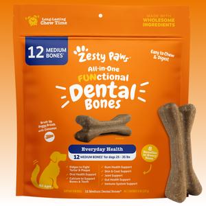 Zesty Paws All-in-One Functional Dental Bones for Medium Sized Dogs 25-35 lbs - Cinnamon Flavor Oral Health & Fresh Breath Support - Feeding