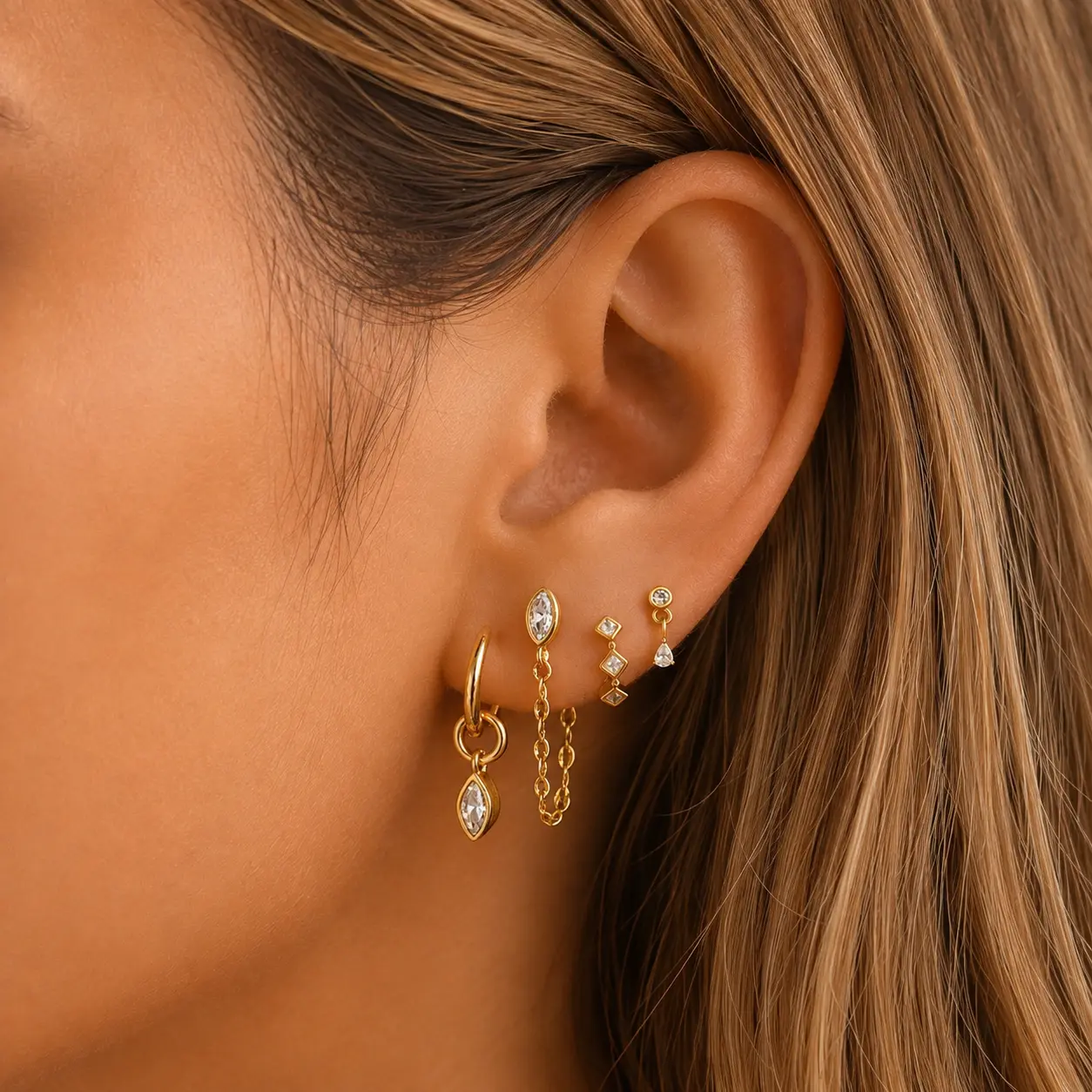 Gold Earrings for Women, Dainty Earring Stacks 14K Gold Plated Chain Earrings Cute Hypoallergenic Huggie Earrings for Women Trendy Unique Drop Hoop Earrings Stack Fashion Gold Jewelry Set