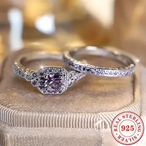 2Pcs/set Luxury Women's Fashion 925 Sterling Silver Zircon Wedding Jewelry Ring Set Romantic Bride Engagement Wedding Band Anniversary Christmas Gift Banquet Birthday Gift Party Ring Size 5-11#