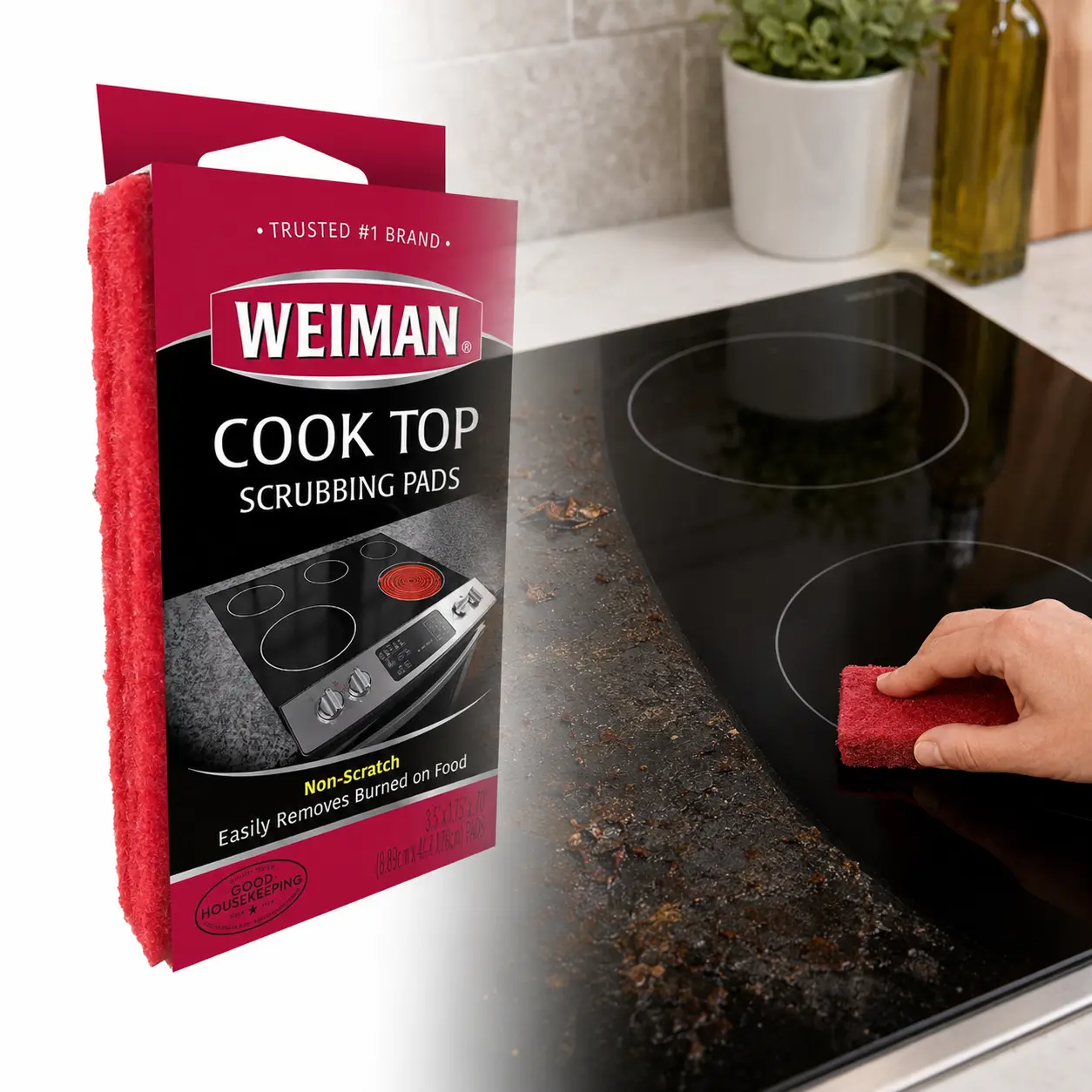 Weiman Cook Top Scrubbing Sponge Pads 3 Pack,non-abrasive,no scratch,glass cooktop,ceramic cooktop,gas ranges,stovetops,burned-on food,oil splatter,residue,grease,stubborn messes,cooktop cleaner,brilliant shine,sinks,tubs,showers,dishware,reusable sponges